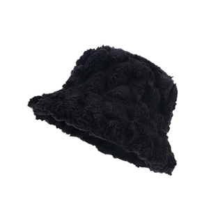 Winter vintage black faux rabbit fur bucket hat with warm pineapple texture for women