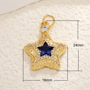 Detailed 24mm gold plated star pendant with blue gemstone and white zircon stones