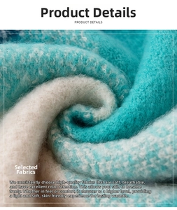 Close-up of soft blue and cream checkered mohair fabric with fluffy knit texture