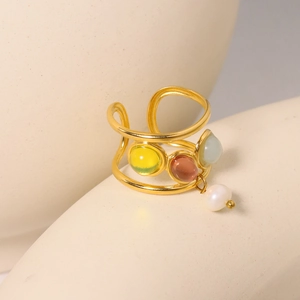 Stainless Steel Open Ring 18K Gold Plated Natural Artificial Pearl Multi-Color Oval Gemstone Adjustable Vintage Women