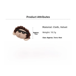 Detail view of plush fabric doll brooch with sunglasses, size 7x9cm weighing 10.7g