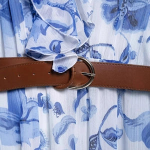 V-neck floral chiffon dress for women featuring a blue print and brown leather waist belt