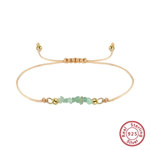 Adjustable 925 silver bracelet with natural green stone chips and brown hand-woven cord