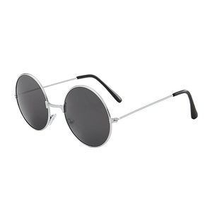 Detail view of retro round sunglasses with silver metal frame and dark black lenses