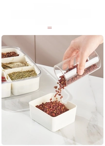 Macro detail of spice storage box with large opening for easy filling in the kitchen