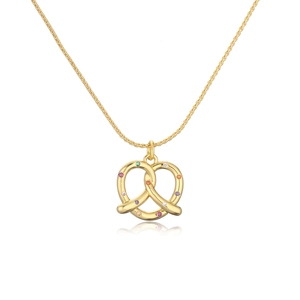 Detailed close-up of 18K gold plated pretzel pendant necklace with colorful zircon stones