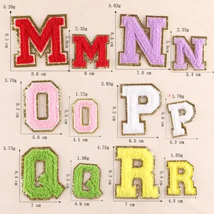 Detailed size chart for chenille letter patches M-R with dimensions and weights in cm