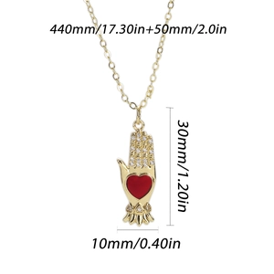 Detailed dimensions of gold hand pendant necklace with red heart and zircon stones