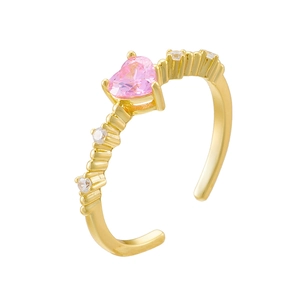 Adjustable gold s925 silver ring featuring pink heart zircon and side accents