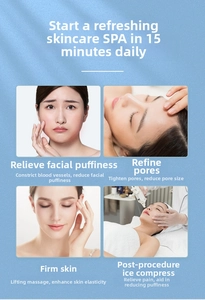 Infographic showing skincare benefits of facial ice globes for massage and depuffing