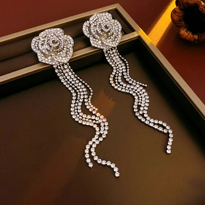 Macro de boucles d'oreilles rose argentée avec longs détails de glands en diamant brillant