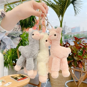 Cute alpaca plush keychains in pink, grey, and white with durable metal clips