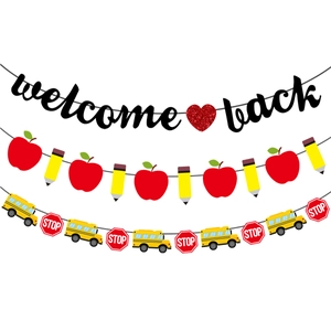 Welcome Back school banner set with apple, pencil, and school bus hanging garlands