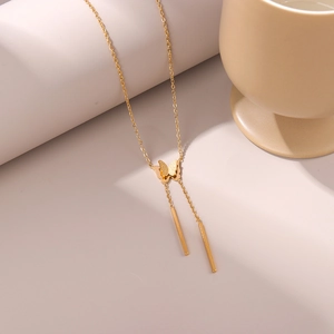 Elegant gold-plated butterfly pendant necklace with chic tassels and cylindrical drops