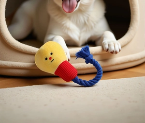 Plush yellow bulb dog toy with cotton rope and knotted design for small pets