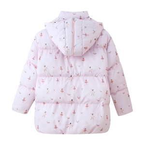 Detail view of pink girl jacket featuring ballet dancer prints and a hooded back design