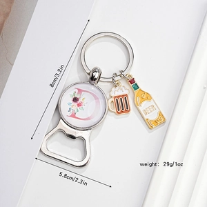Metal bottle opener keychain with letter D, beer charms and 8cm length dimensions