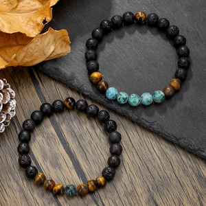 Hip hop beaded bracelets with natural volcanic stone, turquoise, and tiger eye beads for men