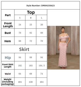 Detailed size chart for pink lace off-shoulder top and maxi skirt two-piece set