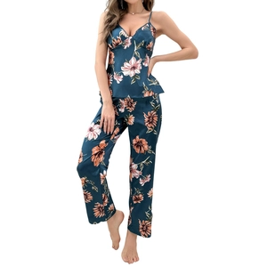 Elegant dark teal satin pajama set for women with pink floral print and camisole top