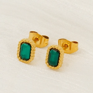 Boucles d'oreilles carrées en zircon émeraude et acier inoxydable doré au bord perlé
