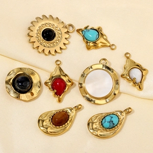 French vintage sun sunburst natural stone fan shape stainless steel pendant jewelry set