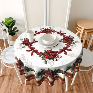 Pastoral style round Christmas tablecloth with poinsettia prints and festive holly patterns
