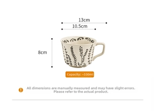 Detailed size chart for ceramic coffee mug showing 330ml capacity and 8cm height