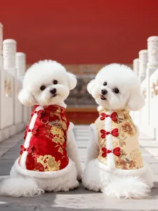 Detail of pet New Year vest with floral embroidery and Chinese knot buttons