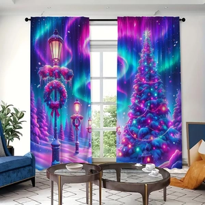 Detailed Christmas curtains with snowy night scenery, glowing trees and street lamps