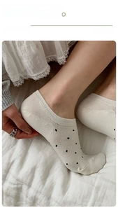 Close-up of white polka dot low cut socks showing the enlarged heel for non-slip fit