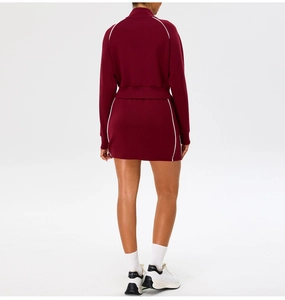 Back view of slim fit dark red sports jacket and mini skirt with white piping