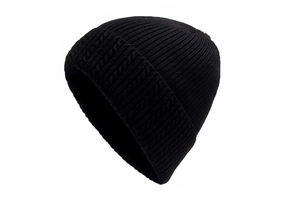 Detail view of black knit beanie featuring thick ribbing and cable knit textures
