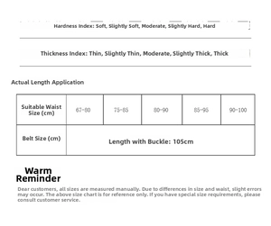 Size guide for women's nubuck leather belt with detailed waist measurement chart