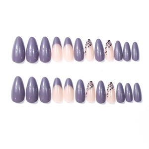 24pcs long almond press-on nails featuring grey-purple, nude pink, and leopard print designs