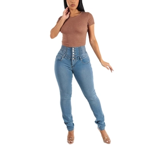 Women high waisted stretch skinny jeans with multi-button closure and elastic waist band