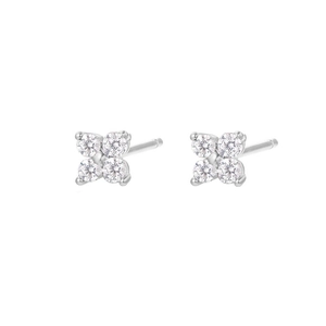 Sparkling four-leaf flower stud earrings with clear stones in silver-tone finish