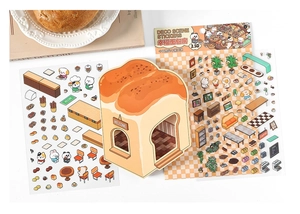 Detailed 3D bakery shop pet sticker set with bread rack and coffee theme scenes