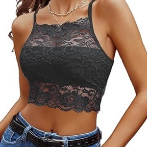 Chic black floral lace camisole top with thin straps and a slim fit cropped design