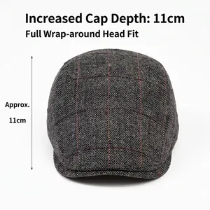 Deep grey herringbone tweed flat cap for men with red plaid and 11cm crown depth