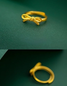 Macro detail of 18K gold plated bow ring with matte and polished texture on green background