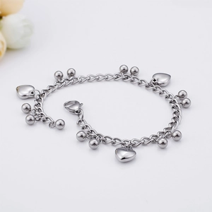 Polished stainless steel chain bracelet with heart charms and beads for women