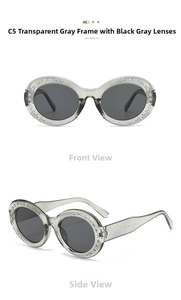 Detail view of round oversized rhinestone sunglasses in transparent grey frame and grey lenses