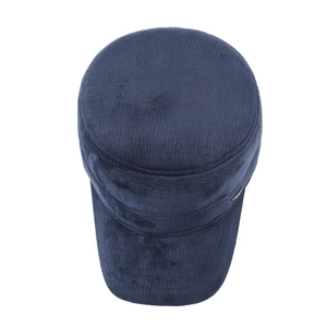 Men's navy blue corduroy flat top winter cap with warm lining and metal side logo