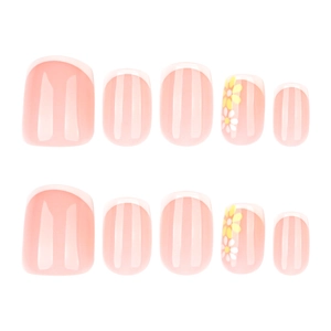 Short square French press-on nails with white tips and cute yellow daisy floral designs