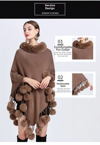 Detail of faux rabbit fur collar and knit fringe with fur balls on brown cape coat
