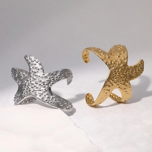 Starfish Cuff Bracelet Stainless Steel 18K Gold Plated Open Bangle Marine Style Textured Personality For Women