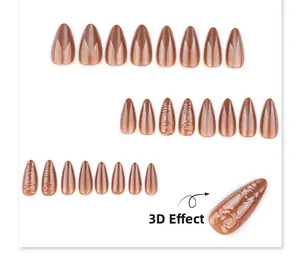 3D rose relief detail on almond-shaped cat eye press-on nails in brown gradient colors