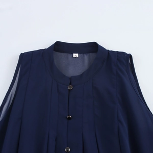 Navy blue sleeveless chiffon blouse with gold buttons and pleated front detail
