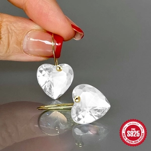 S925 sterling silver gold plated earrings with heart shaped clear crystal pendants